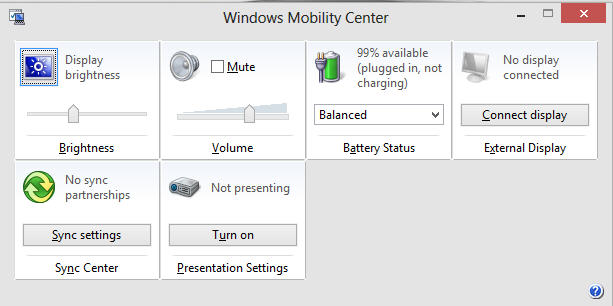 Voorbeeld Windows Mobility Center